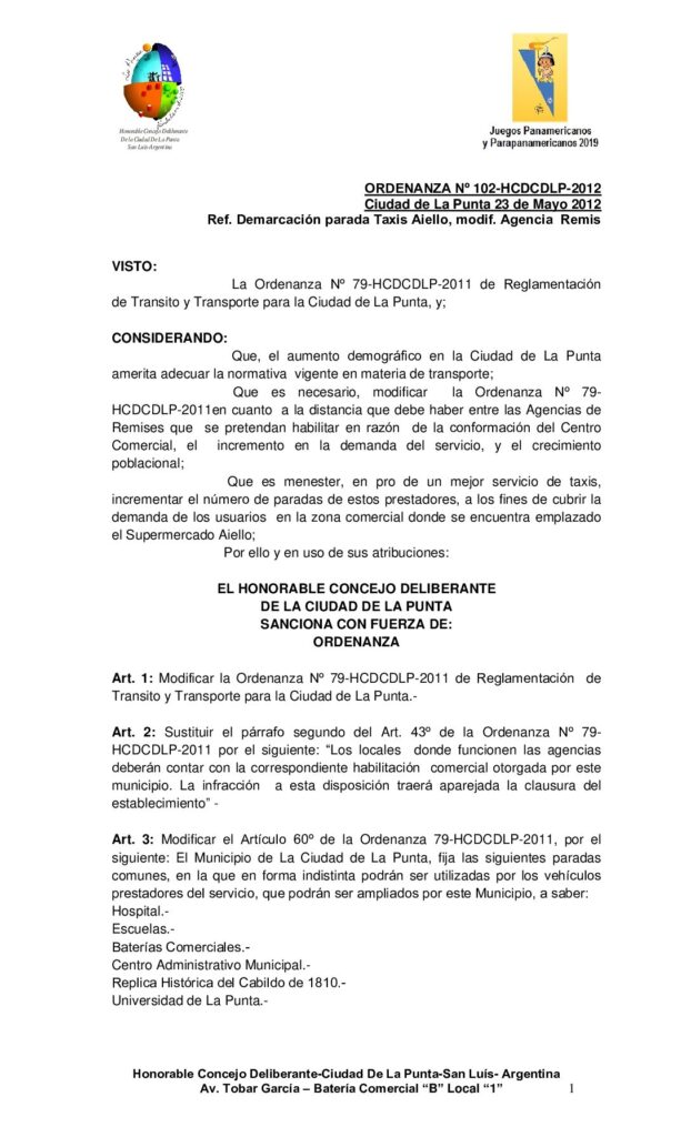 thumbnail of ORDENANZA Nº 102 modf. Agencia Remis (distancia), Demarcacion parada Taxis Aiello