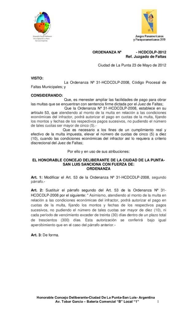 thumbnail of ORDENANZA Nº 103 Juzgado de Faltas – Incremento Cuotas Deudores