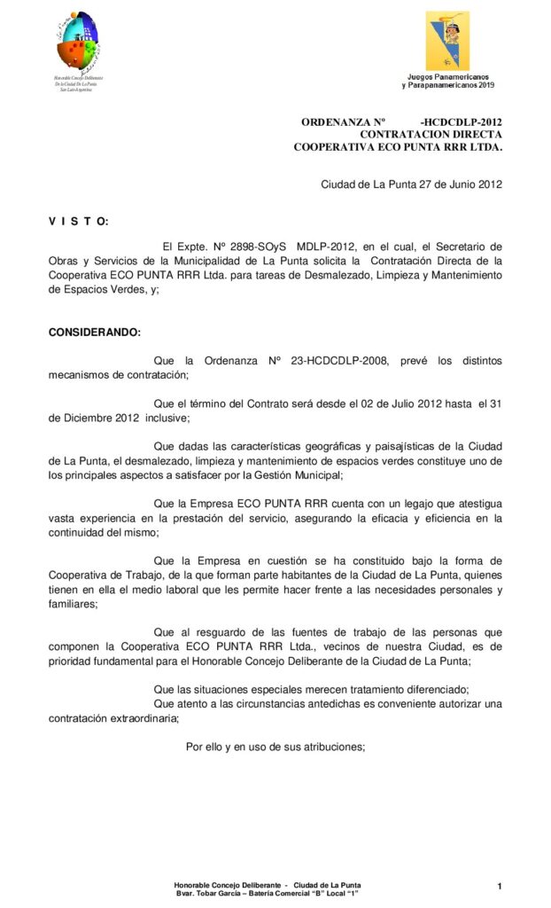 thumbnail of ORDENANZA Nº 105 – 2012 CONT DIRECTA – ECOPUNTA Desmalezado, Limpieza y Mantenimiento de Espacios Verdes
