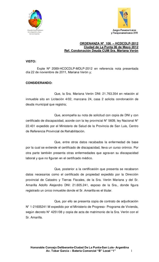 thumbnail of ORDENANZA Nº 106 Ref. Sra Mariana Veron