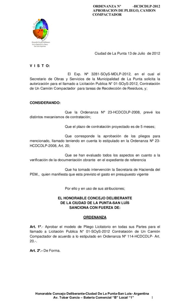 thumbnail of ORDENANZA Nº 107 PLIEGO LICITACION PUBLICA Nº 1 – 2012-CAMION COMPACTADOR