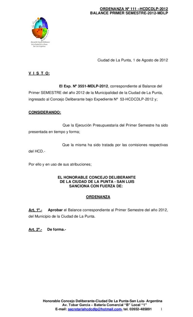 thumbnail of ORDENANZA Nº 111 BALANCE 1º SEMESTRE 2012