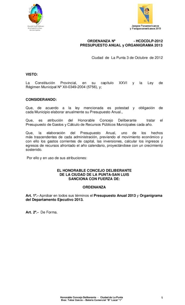 thumbnail of ORDENANZA Nº 113 PRESUPUESTO 2013
