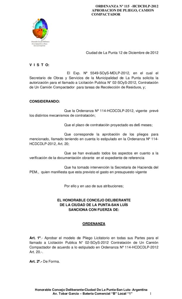 thumbnail of ORDENANZA Nº 115 PLIEGO LICITACION PUBLICA Nº2 -SOyS- 2012-CAMION COMPACTADOR