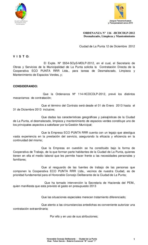 thumbnail of ORDENANZA Nº 116 2012 CONT DIRECTA – ECOPUNTA Desmalezado, Limpieza y Mantenimiento de Espacios Verdes