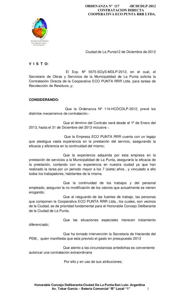 thumbnail of ORDENANZA Nº 117 CONT DIRECTA-ECOPUNTA RECOLECCION 2013