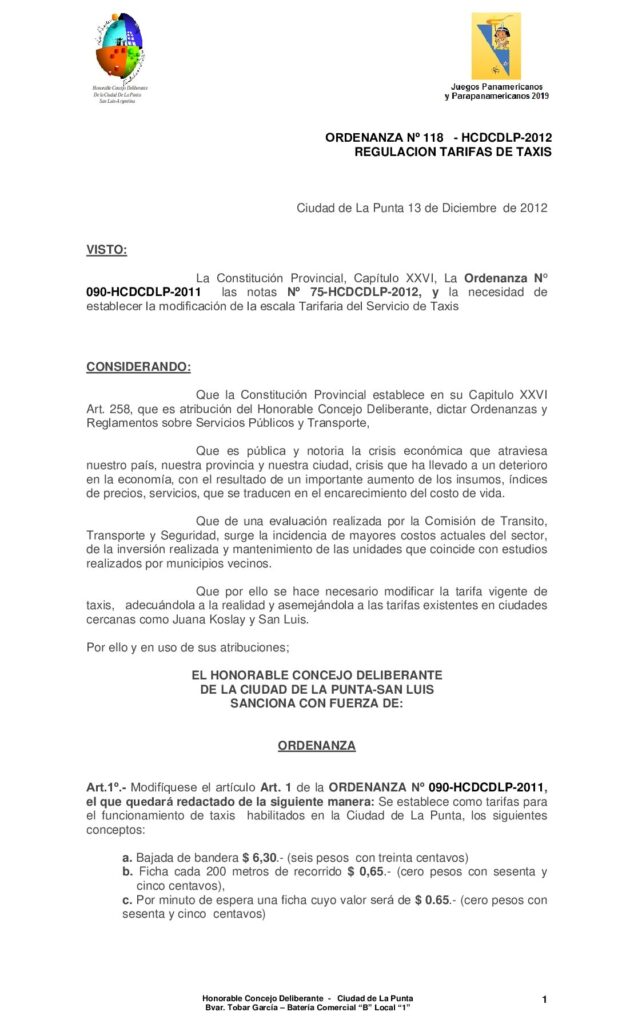 thumbnail of ORDENANZA Nº 118 MODIFICATORIA TARIFA TAXI-2012