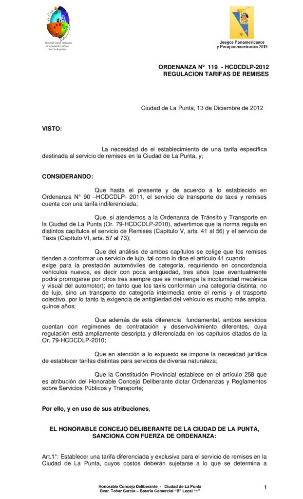 thumbnail of ORDENANZA Nº 119 MODIFICATORIA TARIFA Remises -2012