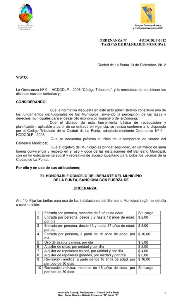thumbnail of ORDENANZA Nº 120 Tarifas Balneario Municipal