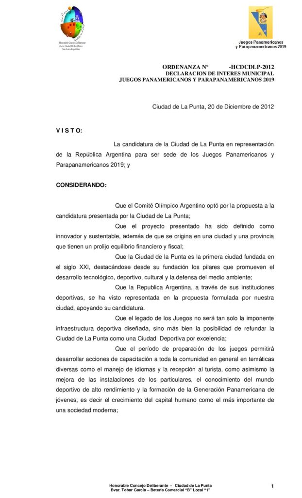 thumbnail of ORDENANZA Nº 122 Declaracion de Interes Municipal los Panamericanos 2019