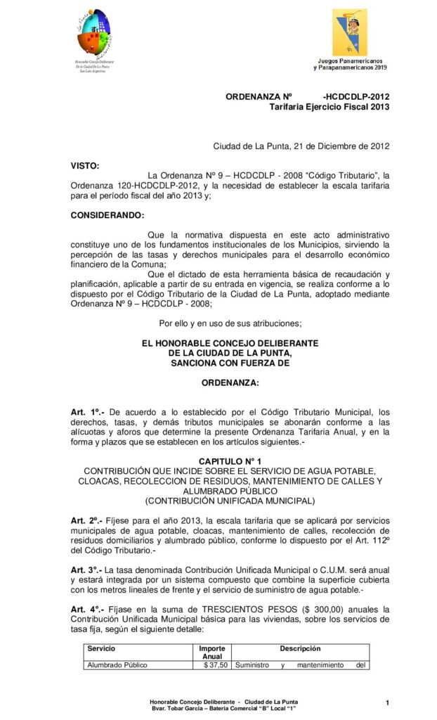thumbnail of ORDENANZA Nº 123 TARIFARIA EJERCICIO FISCAL 2013