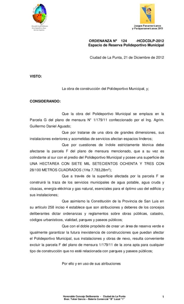 thumbnail of ORDENANZA Nº 124 Espacio de Reserva polideportivo Municipal