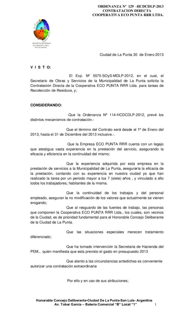 thumbnail of ORDENANZA Nº 129 CONT DIRECTA-ECOPUNTA RECOLECCION 2013 nueva