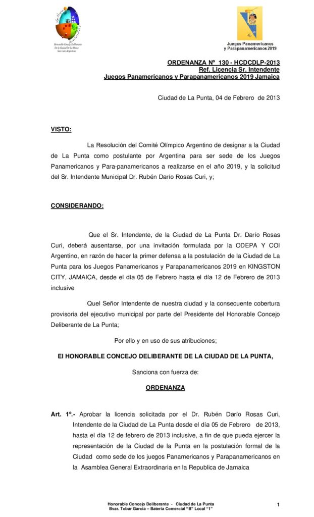 thumbnail of ORDENANZA Nº 130 – Ref. Licencia Sr. Intendente – Jamaica
