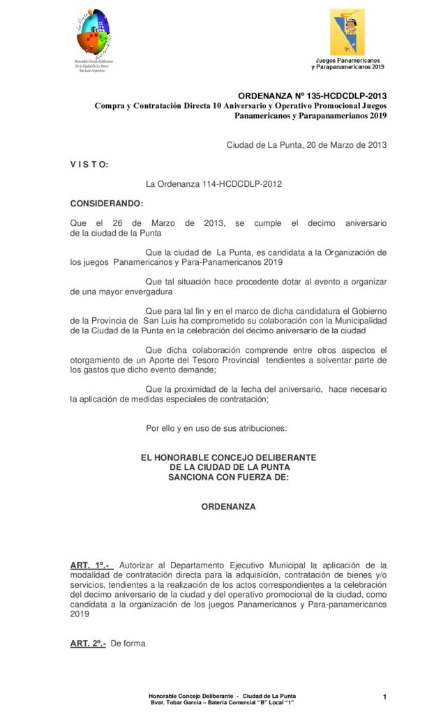 thumbnail of ORDENANZA Nº 135 – Compra y contratacion 10 aniv.de la punta operativo promocional juegos panamericanos 2019l
