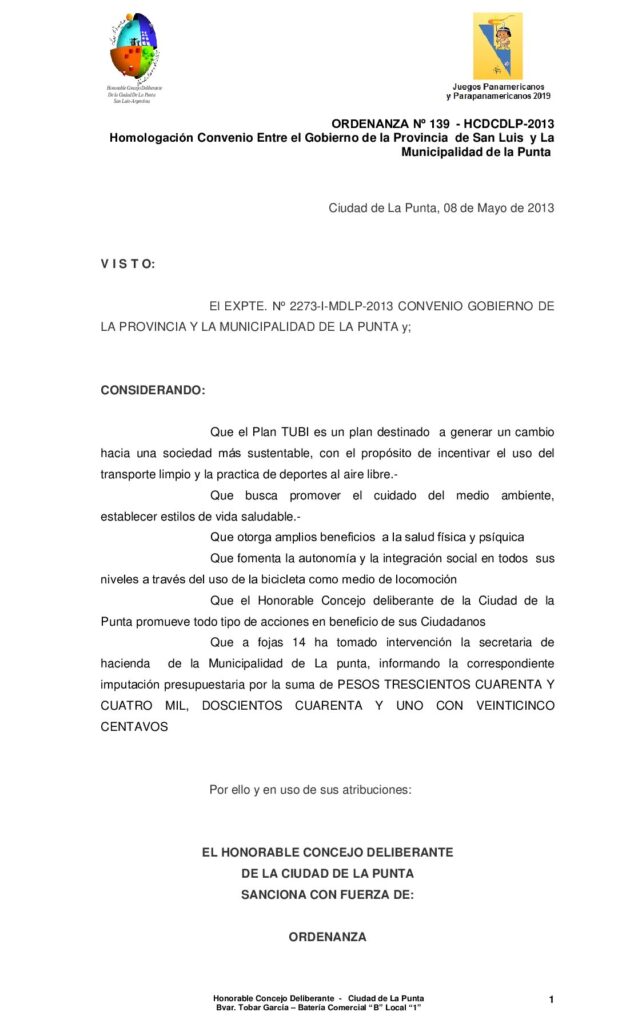 thumbnail of ORDENANZA Nº 139 -Homologacion Convenio Plan Tubi