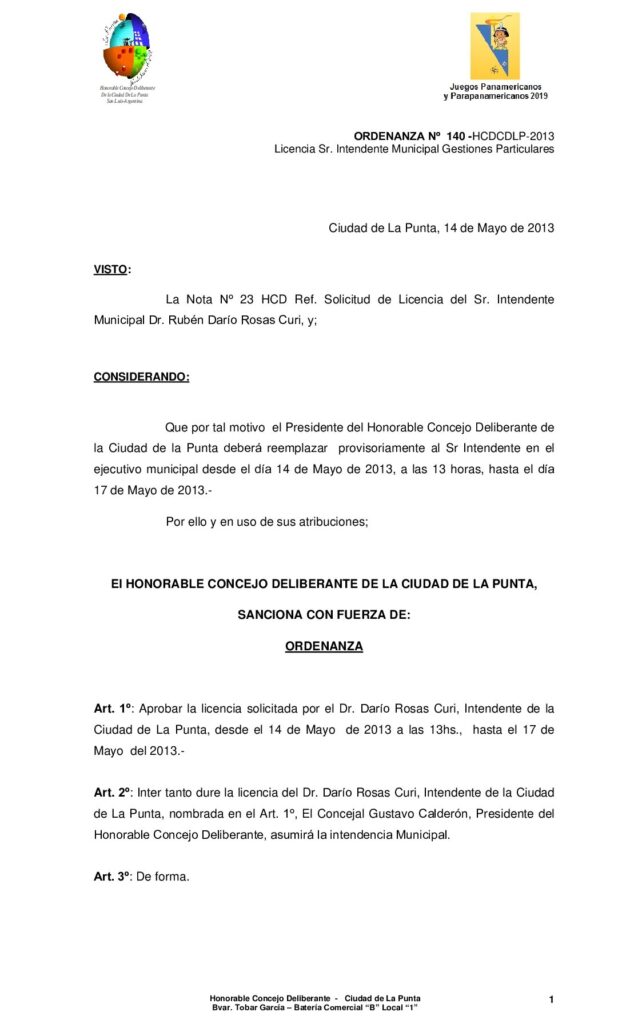 thumbnail of ORDENANZA Nº 140 – Licencia Sr. Intendente Gestiones Particulares