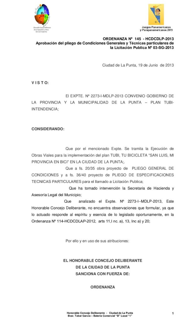 thumbnail of ORDENANZA Nº 145 – Aprobacion pliegos de la Licitacion – Plan Tubi