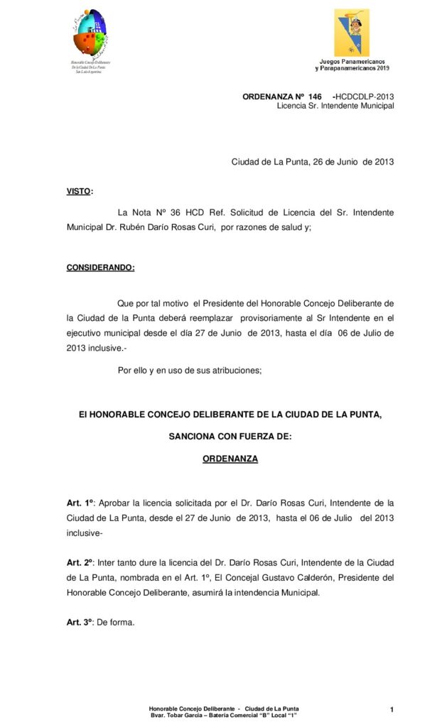 thumbnail of ORDENANZA Nº 146 -Licencia Sr. Intendente 26 de junio hsta 06 de julio