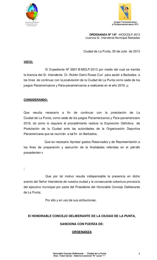 thumbnail of ORDENANZA Nº 147 – LICENCIA SR INTENDENTE BARBADOS – LICENCIA Y GASTOS REPRESENTACION