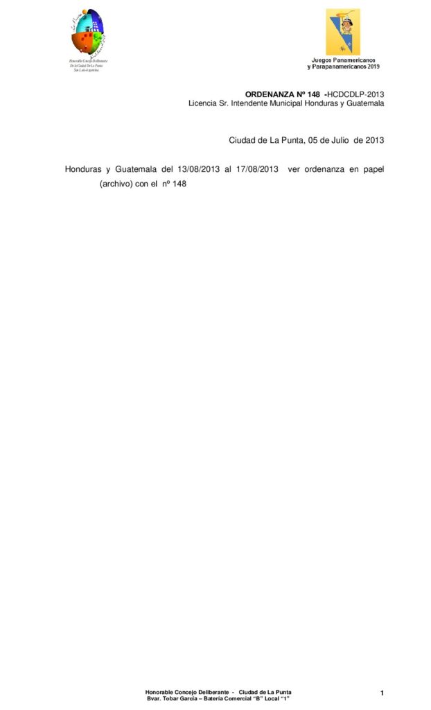 thumbnail of ORDENANZA Nº 148 -LICENCIA SR INTENDENTE Honduras y Guatemala