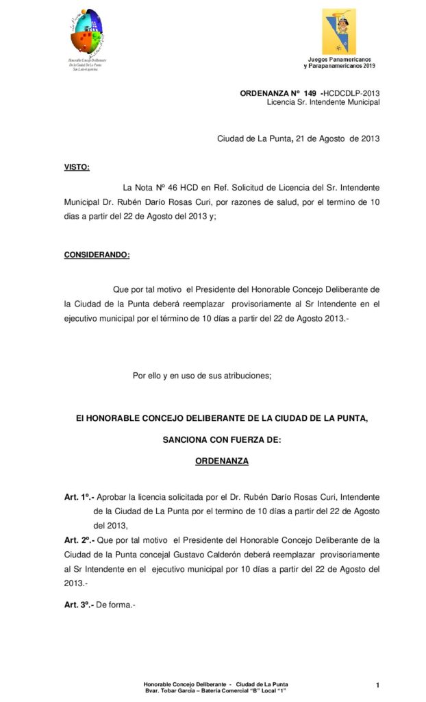 thumbnail of ORDENANZA Nº 149 – LICENCIA SR. INTENDENTE por razones de Salud