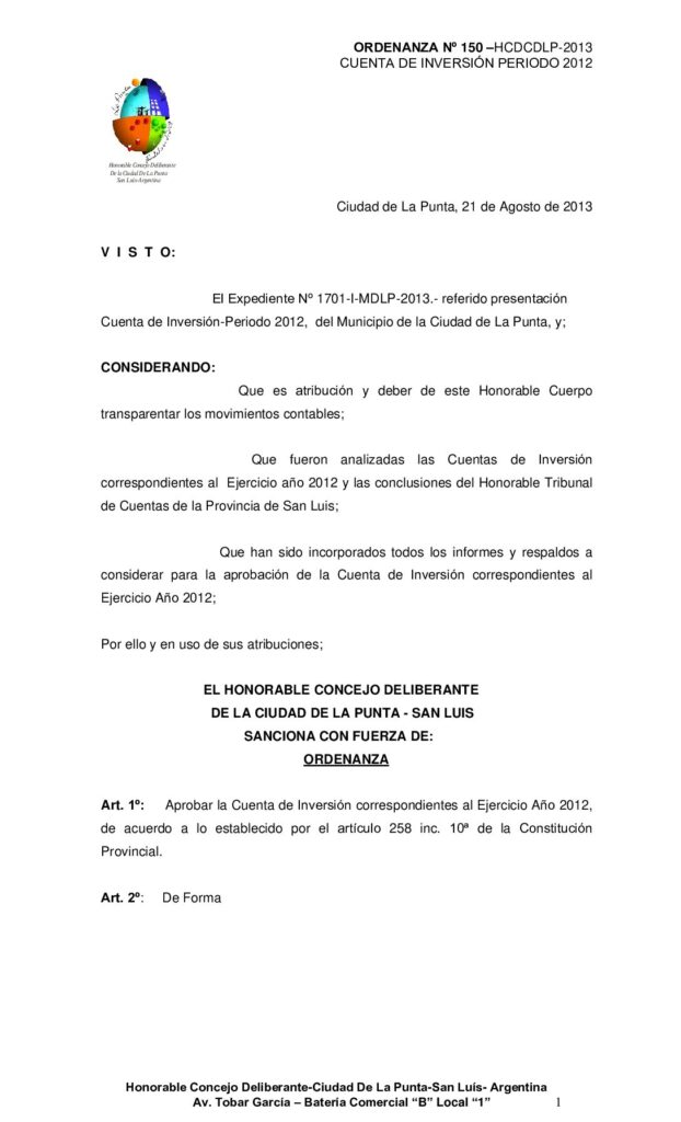thumbnail of ORDENANZA Nº 150-CUENTA DE INVERSION-2012