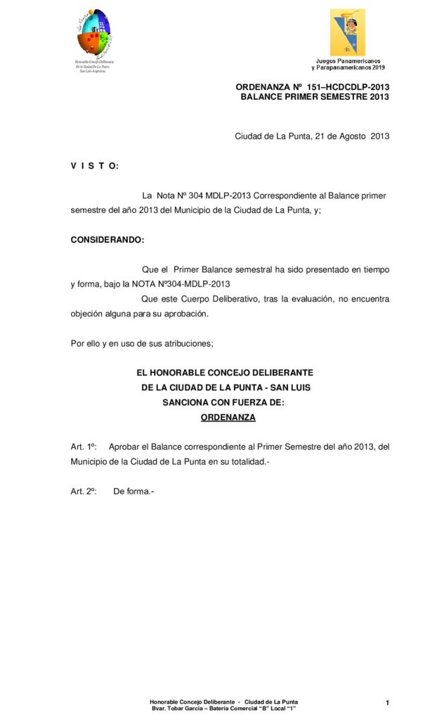 thumbnail of ORDENANZA Nº 151- balance PRIMER SEMESTRE 2013