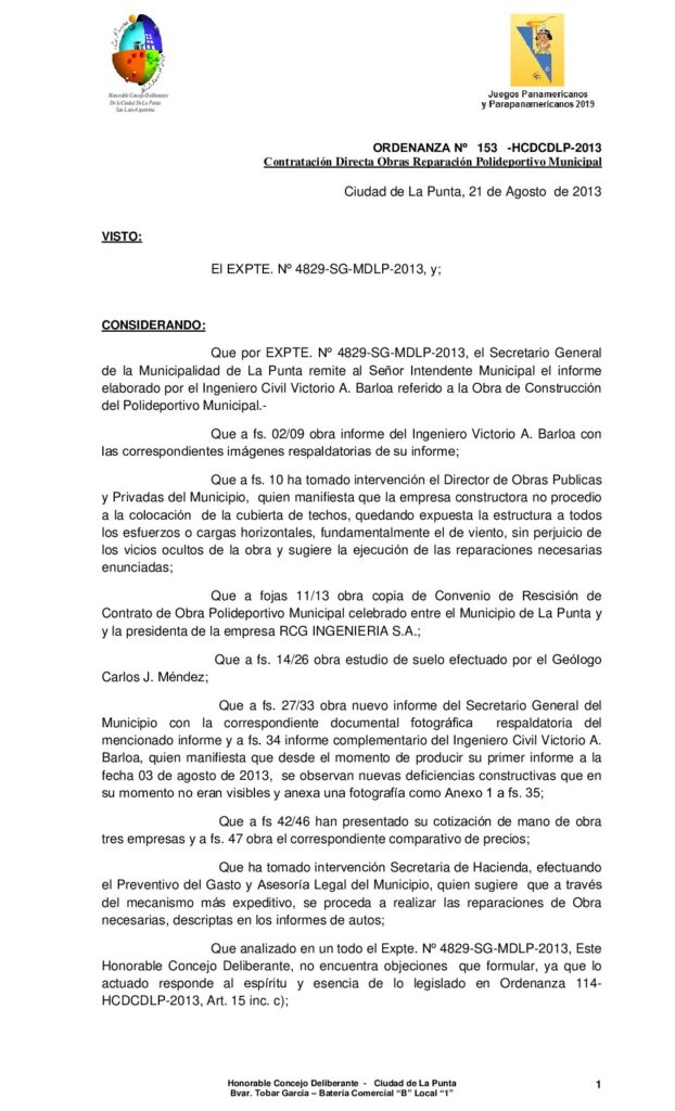 thumbnail of ORDENANZA Nº 153 – CONTRATACION directa refaccion polideportivo Municipal