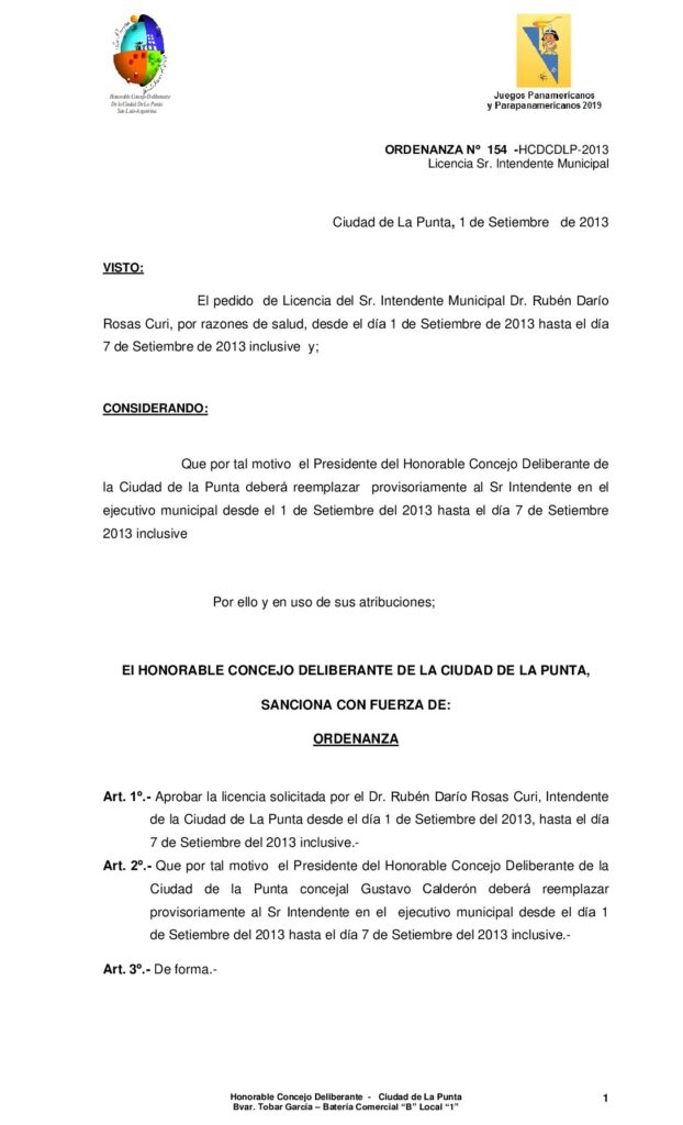 thumbnail of ORDENANZA Nº 154- LICENCIA SR. INTENDENTE por razones de Salud setiembre