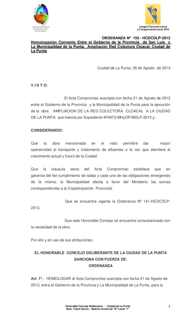 thumbnail of ORDENANZA Nº 155 -Homologacion Convenio provincia – Municipio Ampliacion Red Cloacal