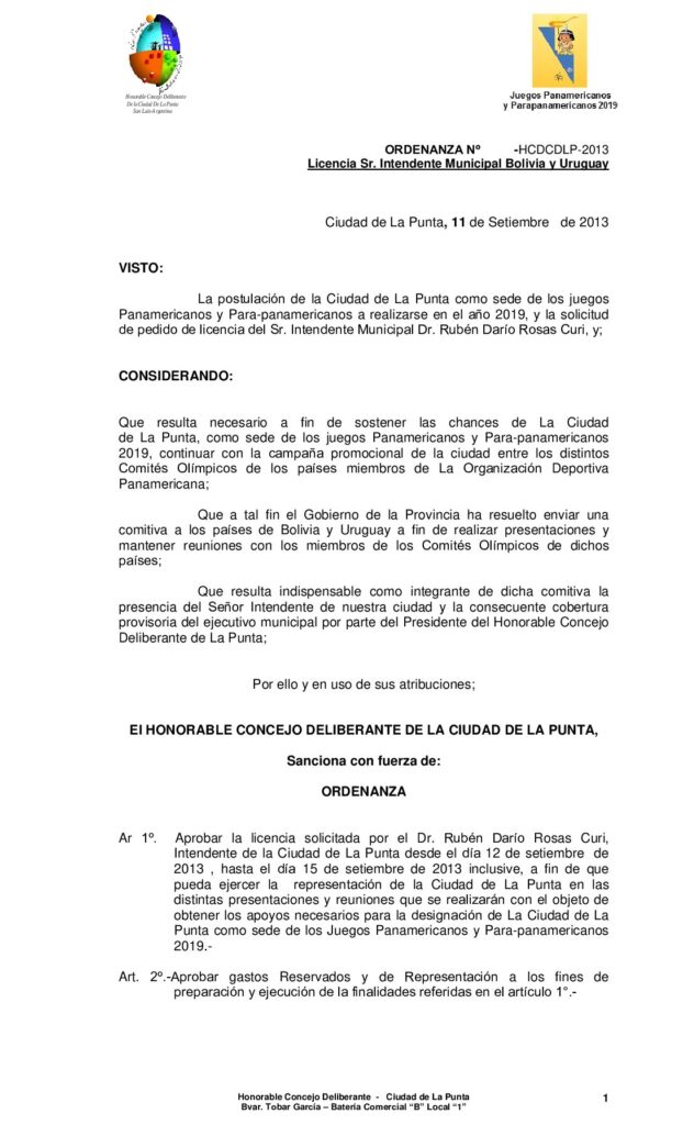 thumbnail of ORDENANZA Nº 156- LICENCIA SR. INTENDENTE por viaje Bolivia y Uruguay Juegos panaamericanos 2019