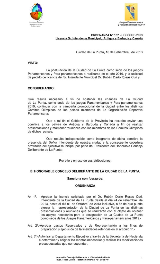 thumbnail of ORDENANZA Nº 157- LICENCIA SR. INTENDENTE por viaje Antigua y Barbuday Canada Juegos panaamericanos 2019