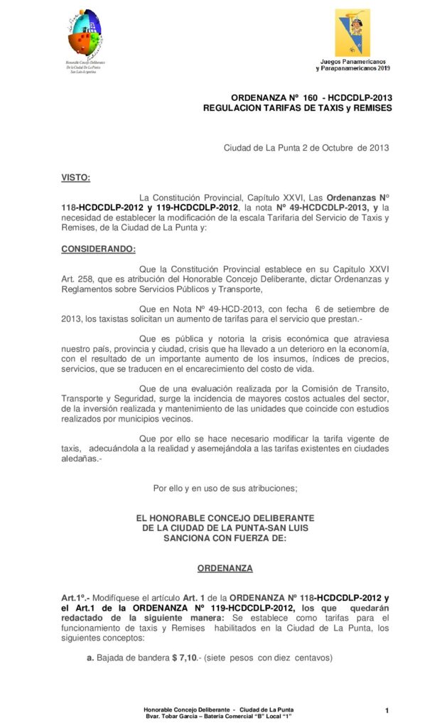 thumbnail of ORDENANZA Nº 160 – MODIFICATORIA TARIFA TAXIS -Y REMISES 2013
