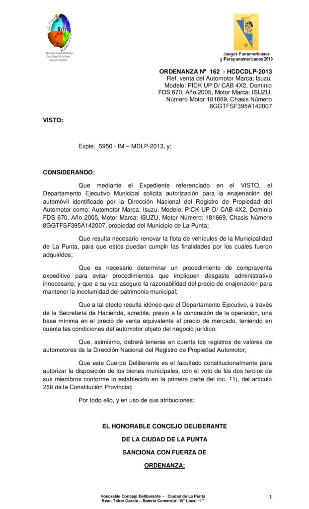 thumbnail of ORDENANZA Nº 162 -Venta Izuzu Municipalidad