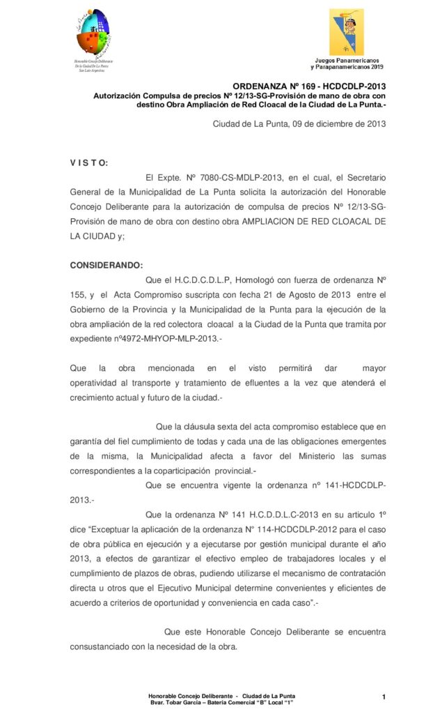 thumbnail of ORDENANZA Nº 169 – Autorización Compulsa de precios Nº 12-13-SG-Provisión de mano de obra con destino Obra Ampliación de Red Cloacal de la Ciudad de La Punta.-