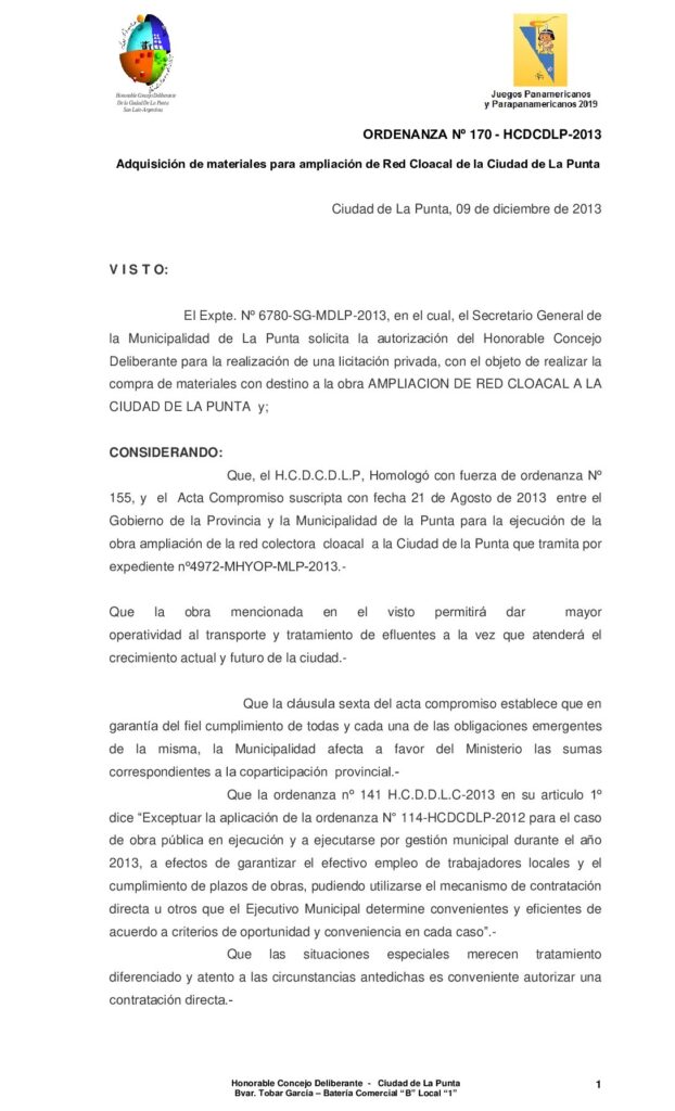 thumbnail of ORDENANZA Nº 170 – Adquisicion de materiales para la ampliacion de red cloacal de la Ciudad de La Punta
