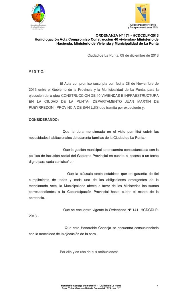thumbnail of ORDENANZA Nº 171- Homologación Acta Compromiso Construcción 40 viviendas- Ministerio de Hacienda, Ministerio de Vivienda y Municipalidad de La Punta