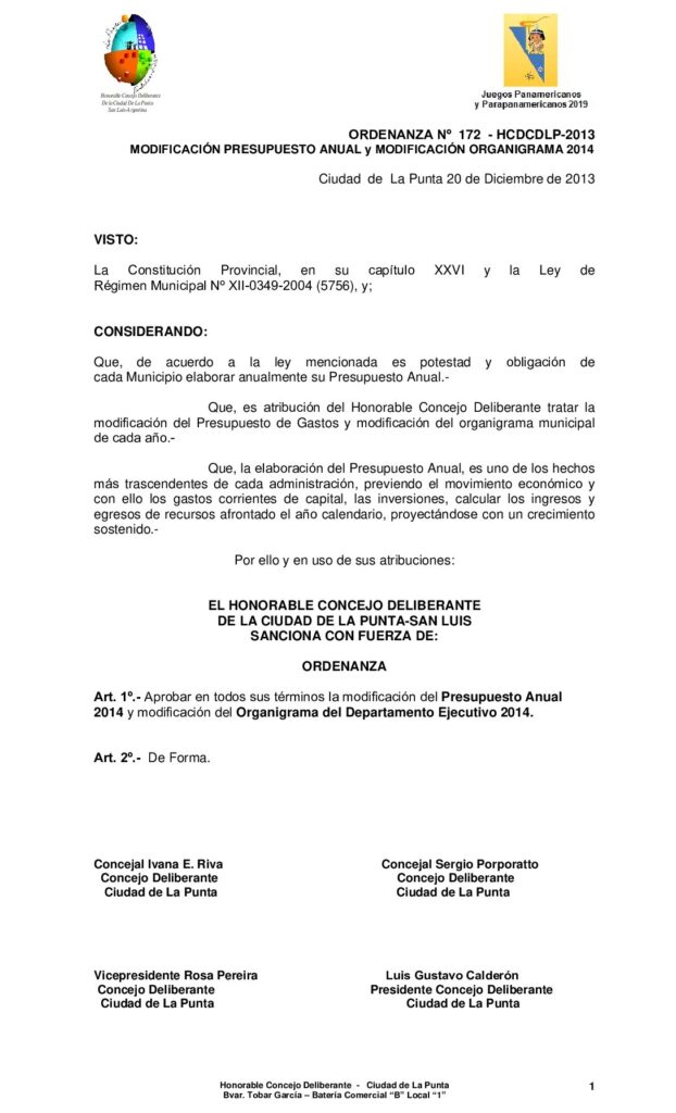 thumbnail of ORDENANZA Nº 172 – Modificación PRESUPUESTO 2014 y modificación organigrama munic 2014