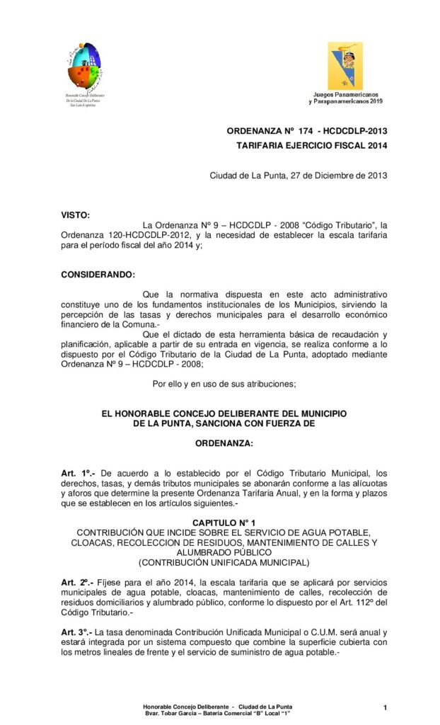 thumbnail of ORDENANZA Nº 174- TARIFARIA EJERCICIO FISCAL 2014