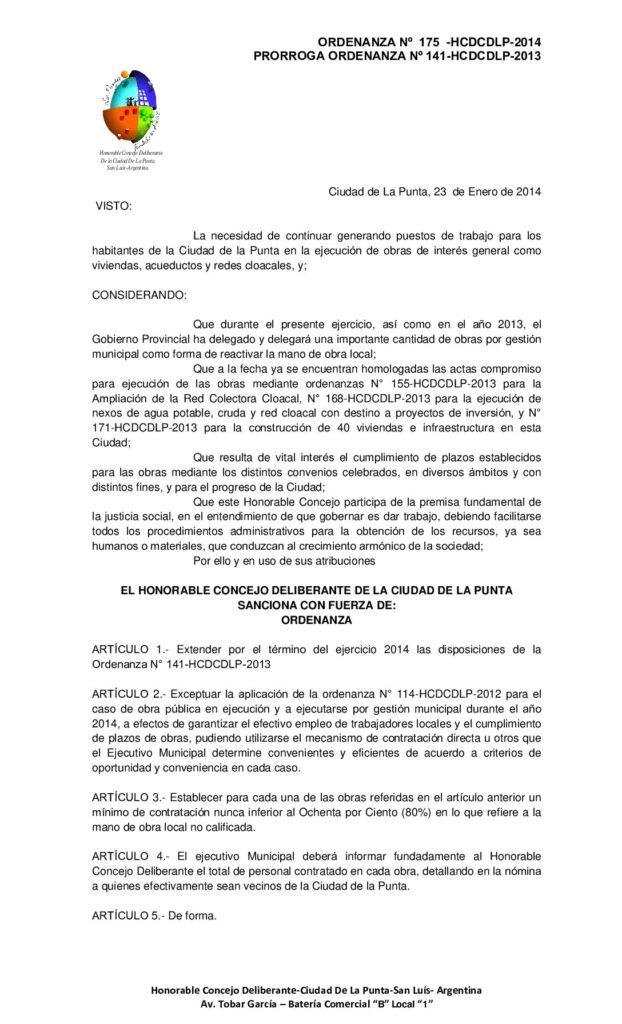 thumbnail of ORDENANZA Nº 175 PRORROGA DISPOSICIONES ORDENANZA 141-HCDCDLP-2013