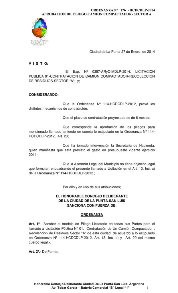 thumbnail of ORDENANZA Nº 176 PLIEGO LIC PUBL Nº 1 – 2014-CAMION COMPACTADOR SECTOR A