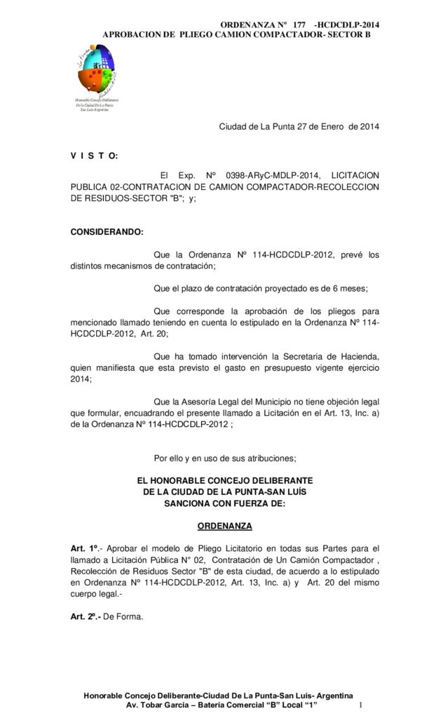 thumbnail of ORDENANZA Nº 177 PLIEGO LIC PUBL Nº 2 – 2014-CAMION COMPACTADOR SECTOR B