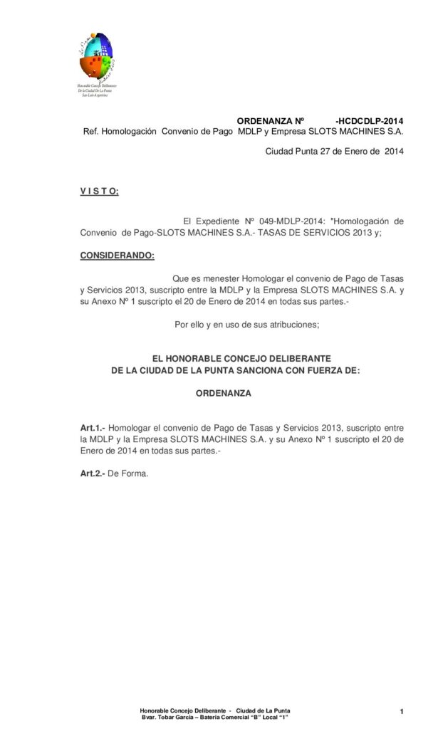thumbnail of ORDENANZA Nº 178 CONVENIO DE PAGO SLOTS MACHINES