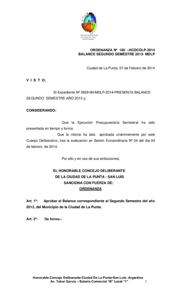 thumbnail of ORDENANZA Nº 180 APROBACION BALANCE 2DO SEM 2013