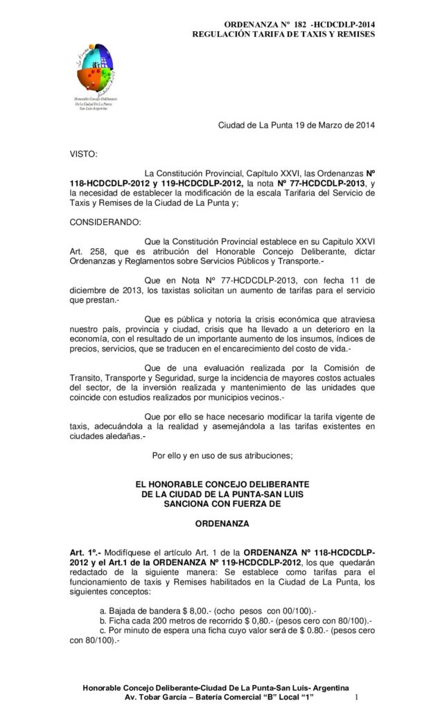 thumbnail of ORDENANZA Nº 182 REGULACIÓN TARIFA DE TAXIS Y REMISES 2014