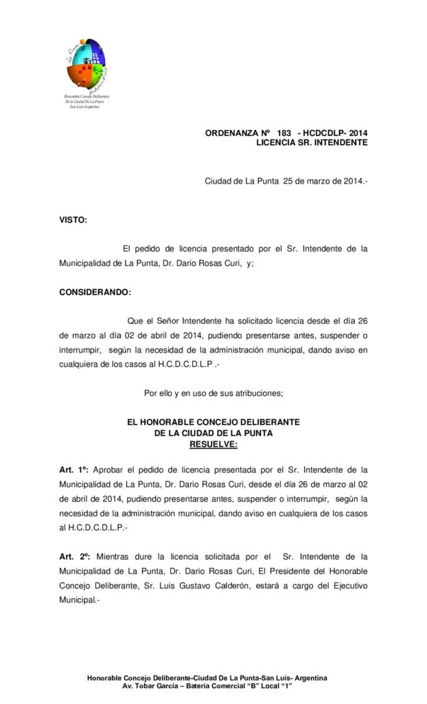 thumbnail of ORDENANZA Nº 183 LICENCIA SR. INTENDENTE