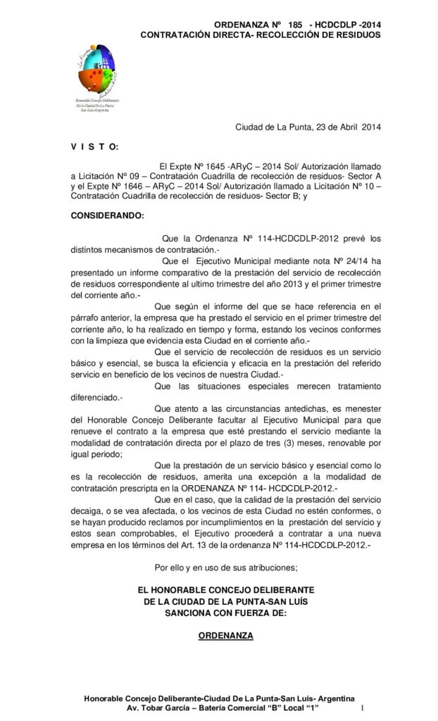 thumbnail of ORDENANZA Nº 185- CONT DIRECTA- RECOLECCION DE RESIDUOS Expte 1645 y 1646