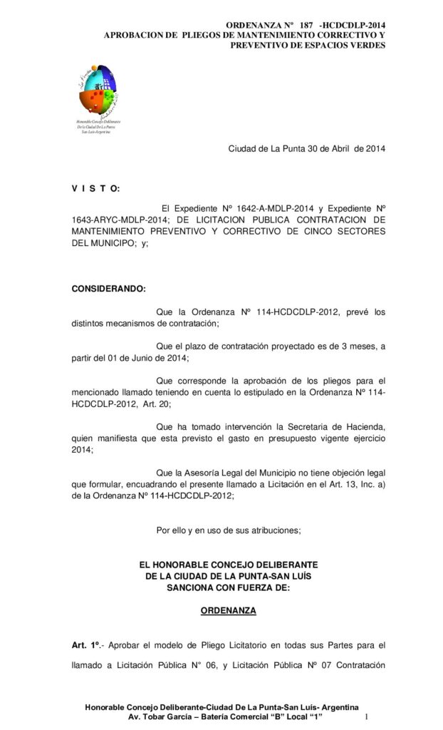 thumbnail of ORDENANZA Nº 187- PLIEGO LIC PUBL. Lic Pública N° 06, y Lic Pública Nº 07- Sector A y B