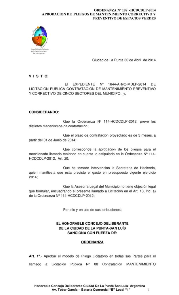 thumbnail of ORDENANZA Nº 188- PLIEGO Licitación Pública N° 08- SECTOR -MÓDULO 8 AL 15-